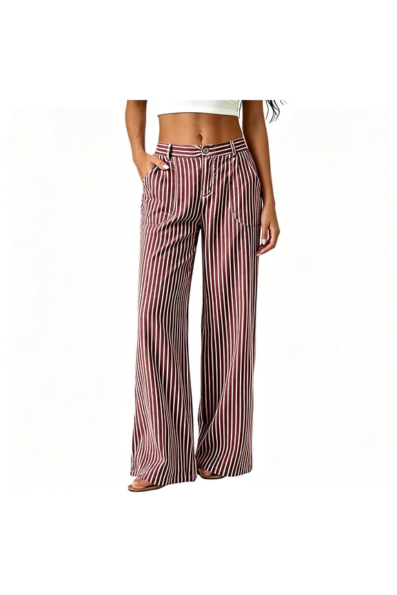 Women Pants,Cotton Vertical Stripe Button Zipper Fly Wide Leg Pants with Pockets Wine M