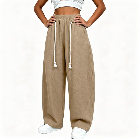 BCSIOAOI Women Pants,Elastic Waist Barrel Leg Pants with Exposed Drawstring and Pockets Khaki 2XL
