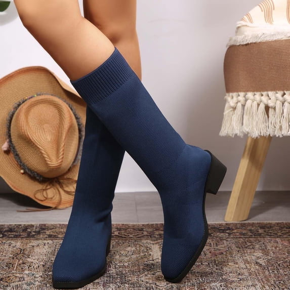 BCSIOAOI Women'S Boots,Stretch Breathable Mesh Block Heel Slip on Mid Calf Sock Boots Dark Blue 9