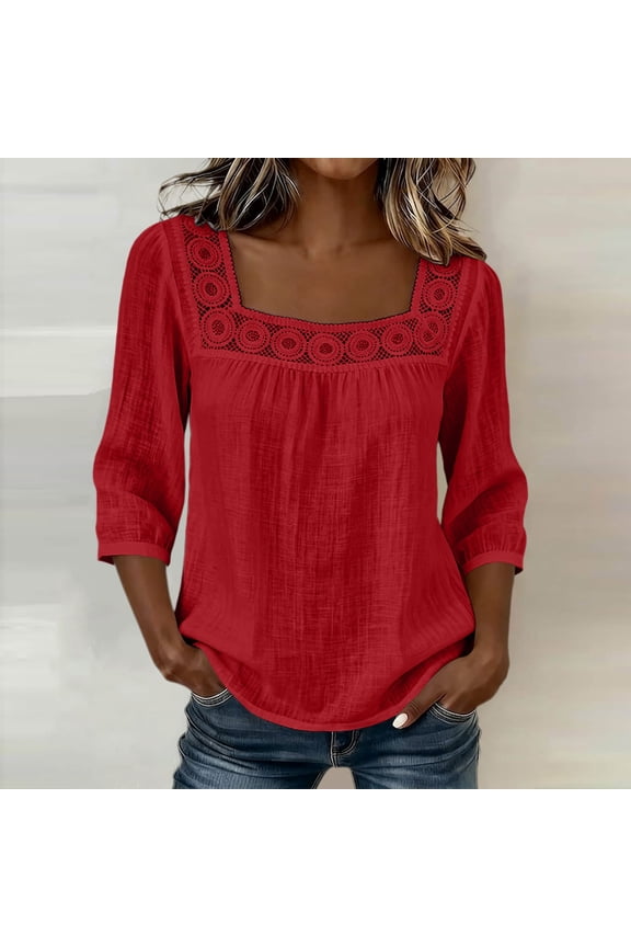 Women Tops,Square Neck Lace Trim Three Quarter Sleeve Pleated Front Casual Blouse Red 3xl