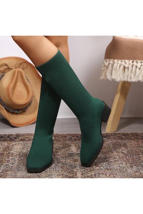 Womens Boots,Stretch Breathable Mesh Block Heel Slip on Mid Calf Sock Boots Army Green 5.5