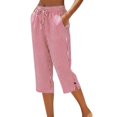 thumbnail image 1 of BCSIOAOI Womens Capri Pants,Cotton Striped Drawstring Side Slit Hem Capri Pants with Pockets Red 2xl, 1 of 6
