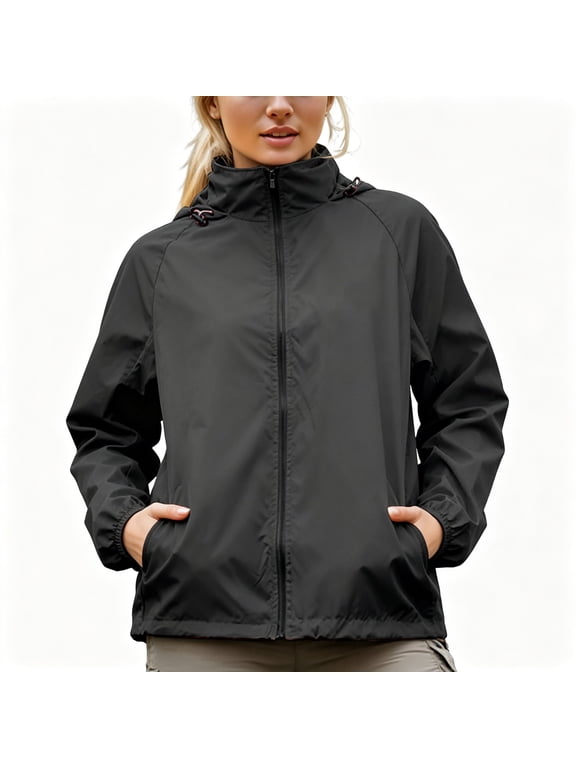 Womens Coat,Hood Zip Waterproof Lightweight Outdoor Windbreaker Jacket with Pockets Black L
