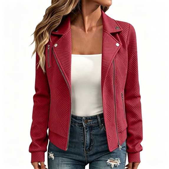 BCSIOAOI Jackets for Women,Solid Jacquard Textured Notched Lapel Moto Jacket with Pockets Wine 2XL