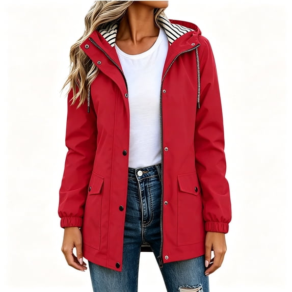 BCSIOAOI Womens Coat,Striped Lined Hooded Zip Snap Pocket Windproof Outdoor Parka Jacket Red 2XL