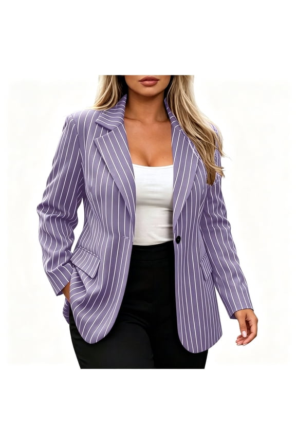 Womens Coat,Striped Single Button Padded Shoulder Blazer Jacket with Pockets Purple 2XL
