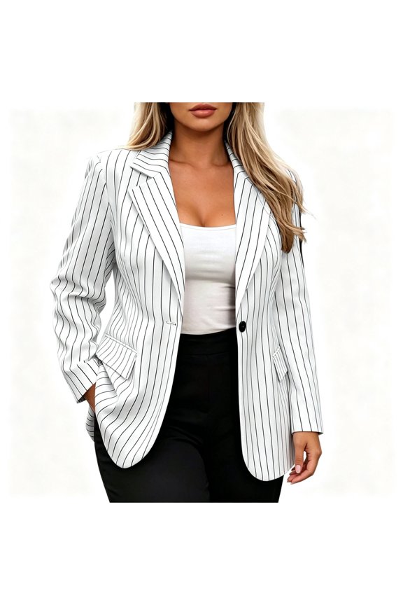Womens Coat,Striped Single Button Padded Shoulder Blazer Jacket with Pockets White 2XL