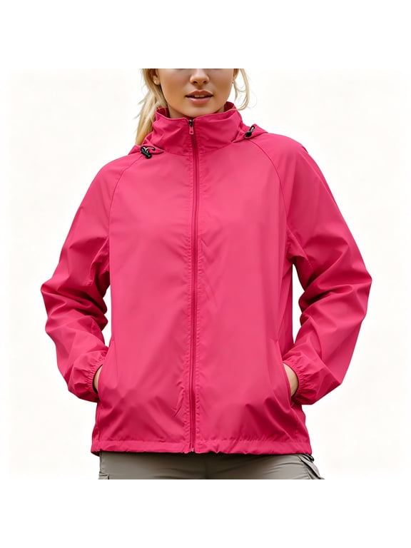 Womens Coats,Hood Zip Waterproof Lightweight Outdoor Windbreaker Jacket with Pockets Hot Pink 2XL