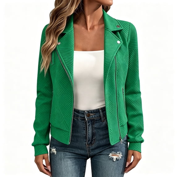 BCSIOAOI Womens Coats,Solid Jacquard Textured Notched Lapel Moto Jacket with Pockets Green XL