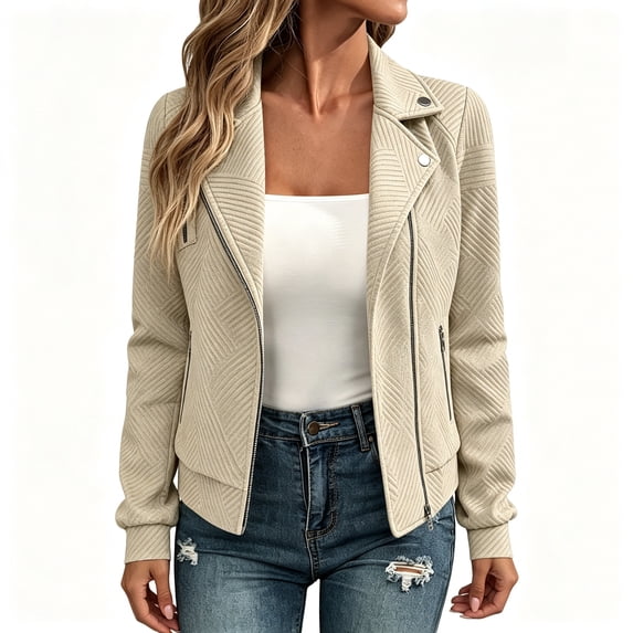BCSIOAOI Womens Coats,Solid Jacquard Textured Notched Lapel Moto Jacket with Pockets Khaki 2XL