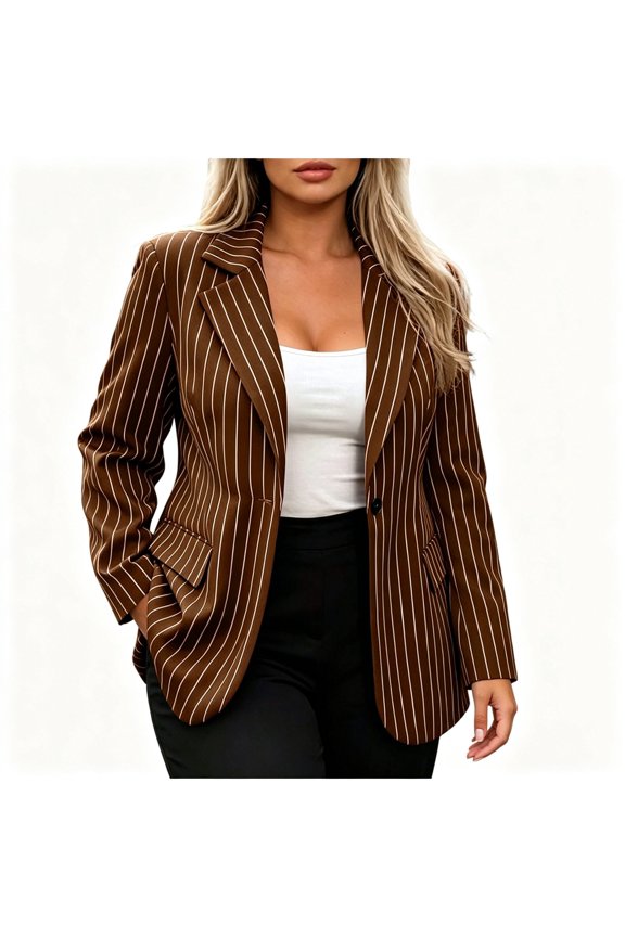 Womens Coats,Striped Single Button Padded Shoulder Blazer Jacket with Pockets Brown XL