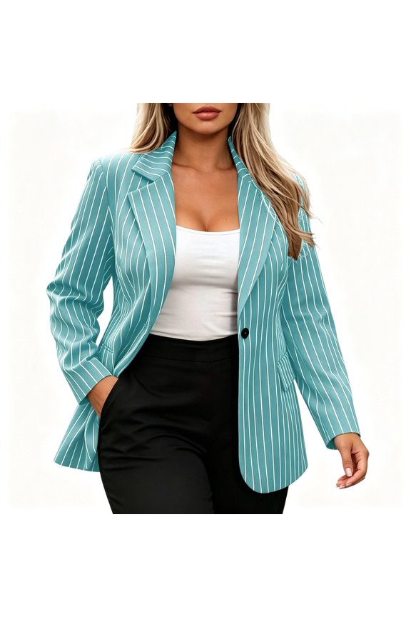 Womens Coats,Striped Single Button Padded Shoulder Blazer Jacket with Pockets Light Blue S