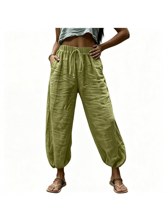 Womens Pants,Cotton Solid Drawstring Comfortable Harem Pants with Pockets Army Green L