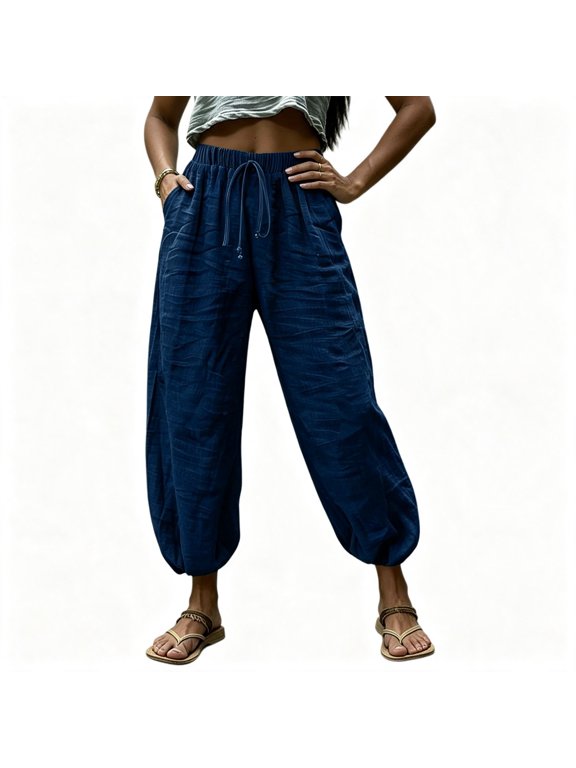 Womens Pants,Cotton Solid Drawstring Comfortable Harem Pants with Pockets Blue 2xl