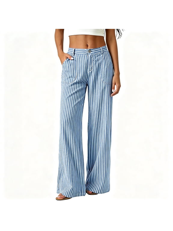Womens Pants,Cotton Vertical Stripe Button Zipper Fly Wide Leg Pants with Pockets Light Blue L