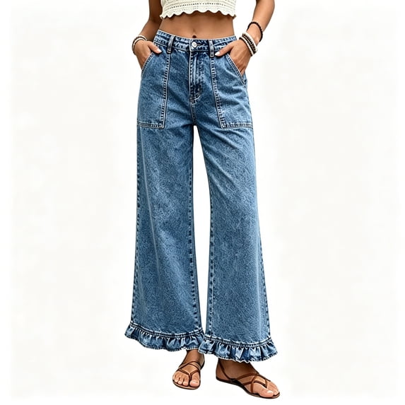 BCSIOAOI Womens Jeans,Denim High Waist Ruffle Ankle Hem Wide Leg Jeans with Pockets Light Blue M