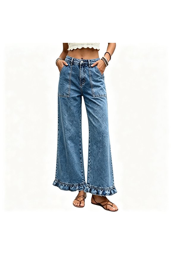 Womens Pants,Denim High Waist Ruffle Ankle Hem Wide Leg Jeans with Pockets Light Blue M