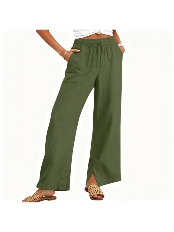 Womens Pants,Linen Drawstring High‑Waist Wide Leg Split Hem Pants with Pockets Army Green 4XL