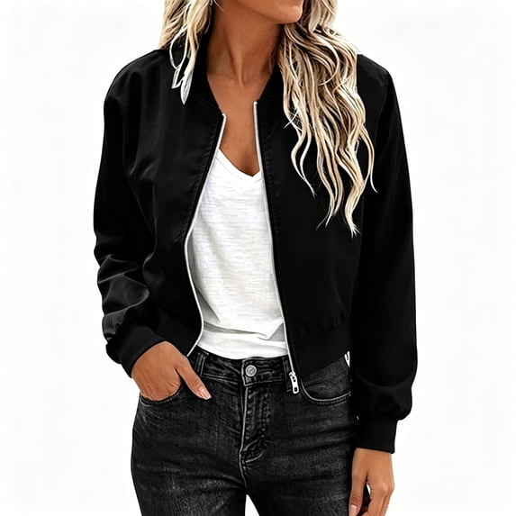 BCSIOAOI Womens Rain Jacket,Full Zip Waterproof Thin Cropped Bomber Windbreaker Jacket with Pockets Black M