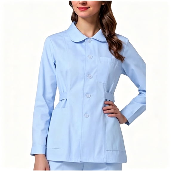 BCSIOAOI Womens Scrubs,Lapel Collar Long Sleeve Button Front Fitted Medical Uniform Jacket Blue S
