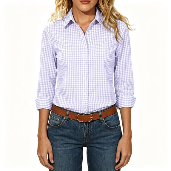 BCSIOAOI Womens Tops,Collared Gingham Plaid Button Long Sleeve Slim Fit Casual Shirts Purple XL