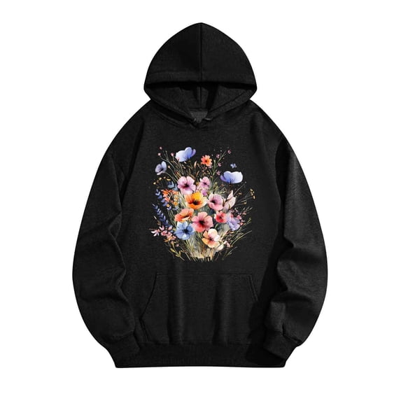 BCSIOAOI Womens Tops,Cotton Drawstring Fleece Lined Floral Pullover Hoodie with Pocket Black L