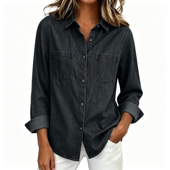 BCSIOAOI Womens Tops,Denim Collared Button Down Dual Chest Pocket Collared Long Sleeve Shirts Black XL