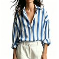 thumbnail image 1 of BCSIOAOI Womens Tops,Lapel Collar Vertical Stripe Button Front Long Sleeve Shirts Blue L, 1 of 6