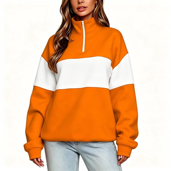 BCSIOAOI Womens Tops,Stand Collar Half Zip Color Block Loose Sweatshirt Orange 2XL