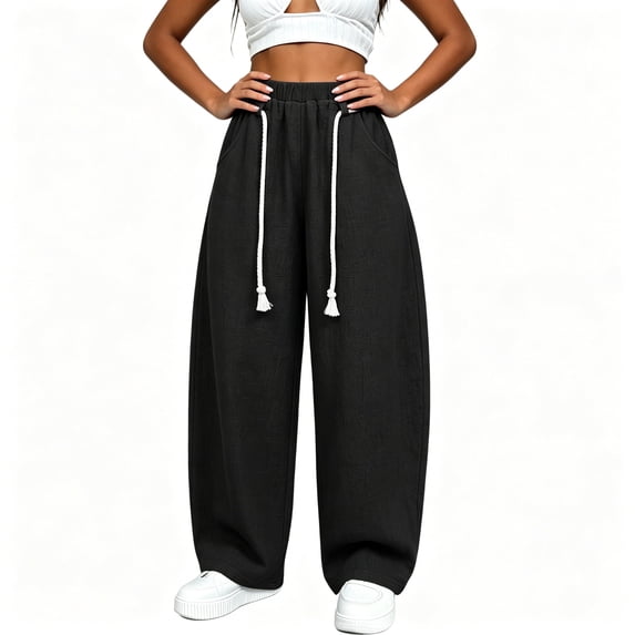 BCSIOAOI Womens Trousers,Elastic Waist Barrel Leg Pants with Exposed Drawstring and Pockets Black L