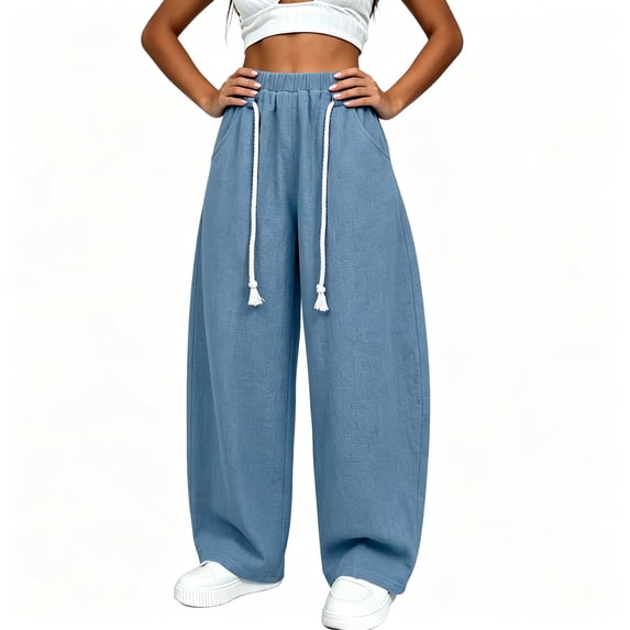 BCSIOAOI Womens Trousers,Elastic Waist Barrel Leg Pants with Exposed Drawstring and Pockets Blue S