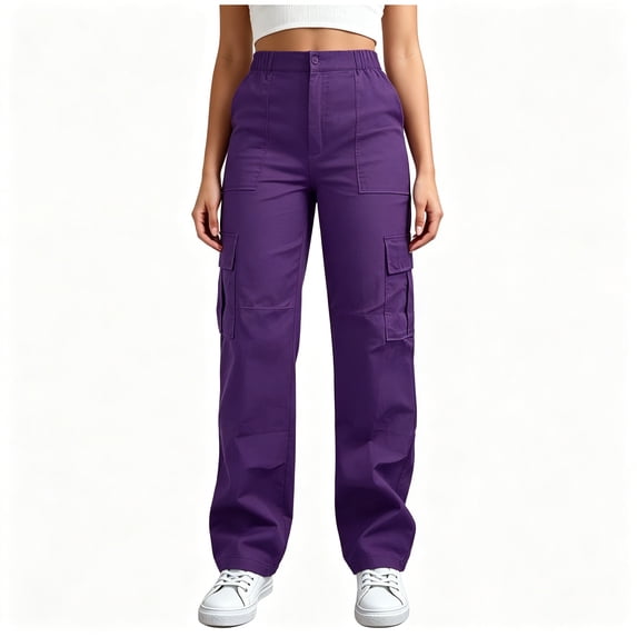 BCSIOAOI Womens Trousers,High Waist Straight Leg Loose Cargo Pants with Multi Pockets Purple L