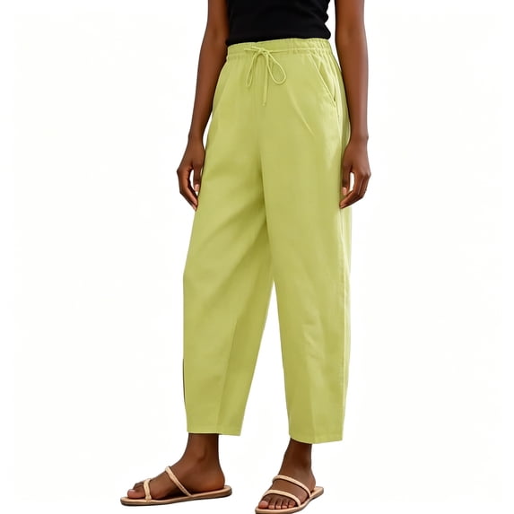 BCSIOAOI Womens Trousers,Solid Drawstring Casual Barrel Pants with Side Pockets Yellow M