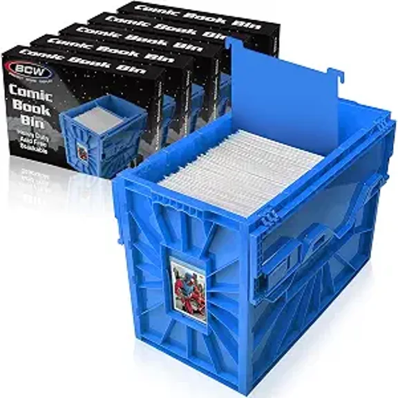 BCW Short Comic Book Bin Blue 5 Pack Holds 150 Comics Each Acid Free Heavy Duty Plastic Comic Book Storage Box with Partition