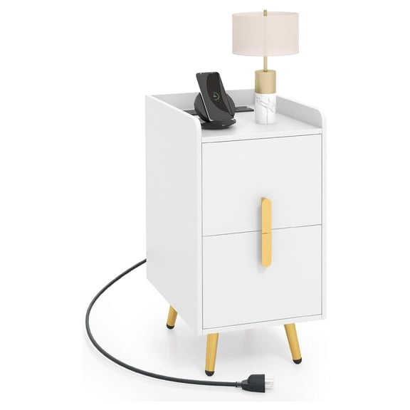 BCWAL Nightstand with Charging Station, Narrow End Table with 2 Drawers & Metal BCWAL Legs, Small Sofa Side Table w/ 2 USB Ports and 3 Outlets, Modern Night Stand for Small Spaces, White