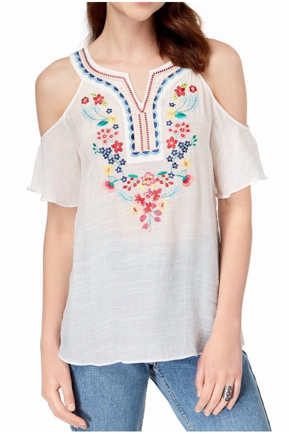 $39 Womens New 1330 White Floral Cold Shoulder Embroidered Top S Juniors B+B