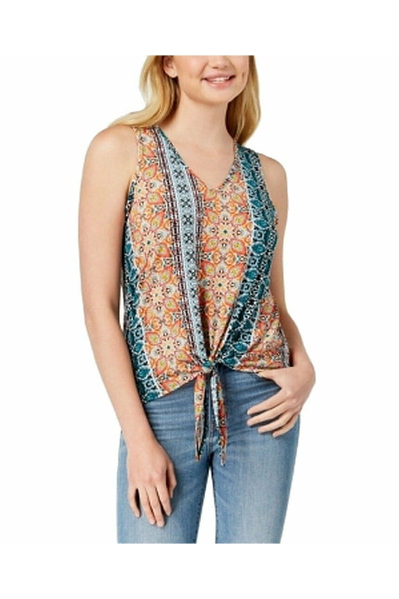 Women'sTank Cami Tribal Printed Tied Top, Blue/Orange, XS