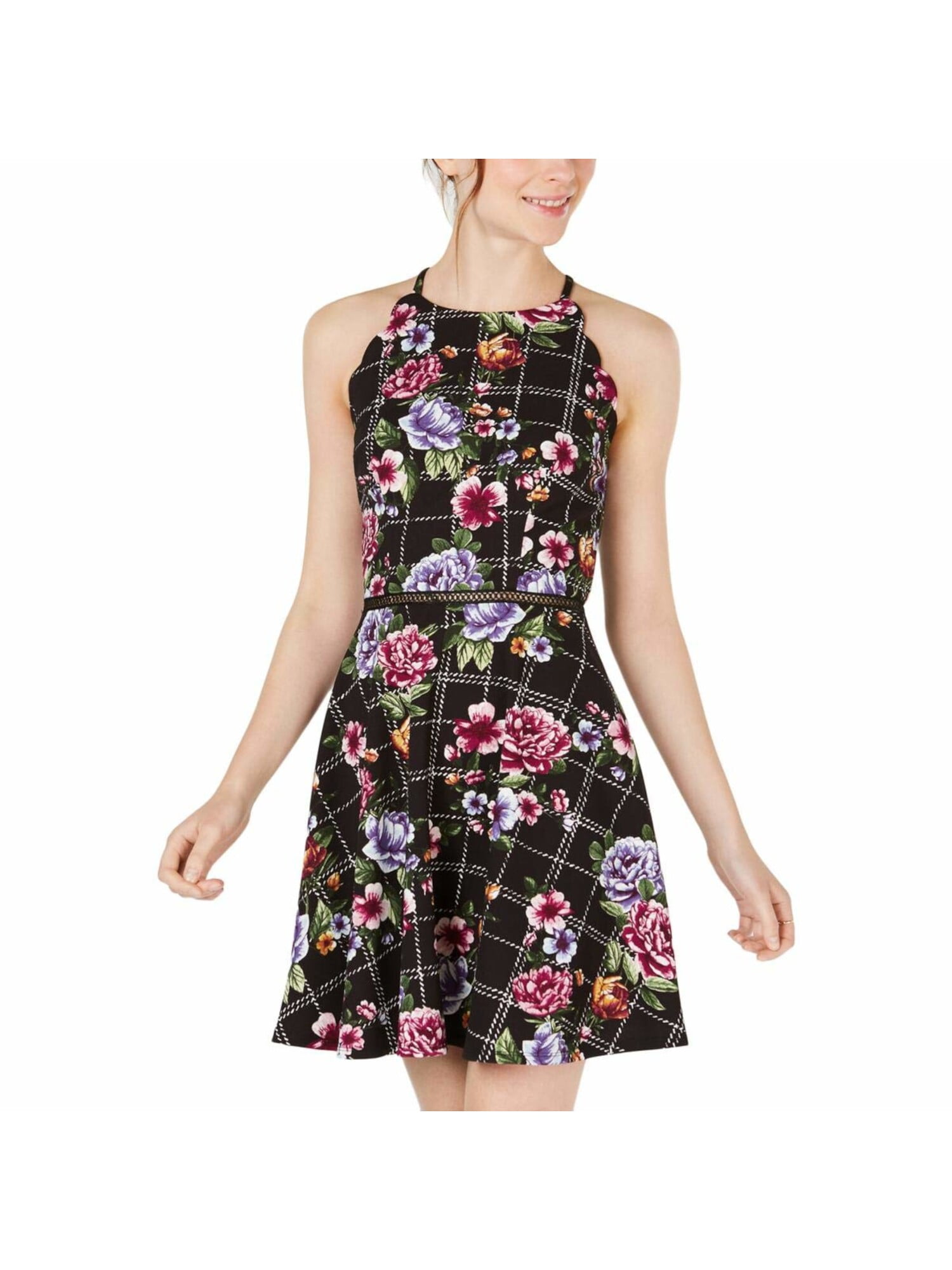 Ralph Lauren Women's Floral Sleeveless Jewel Neck Below the Knee Fit Flare Dress Black Size 14