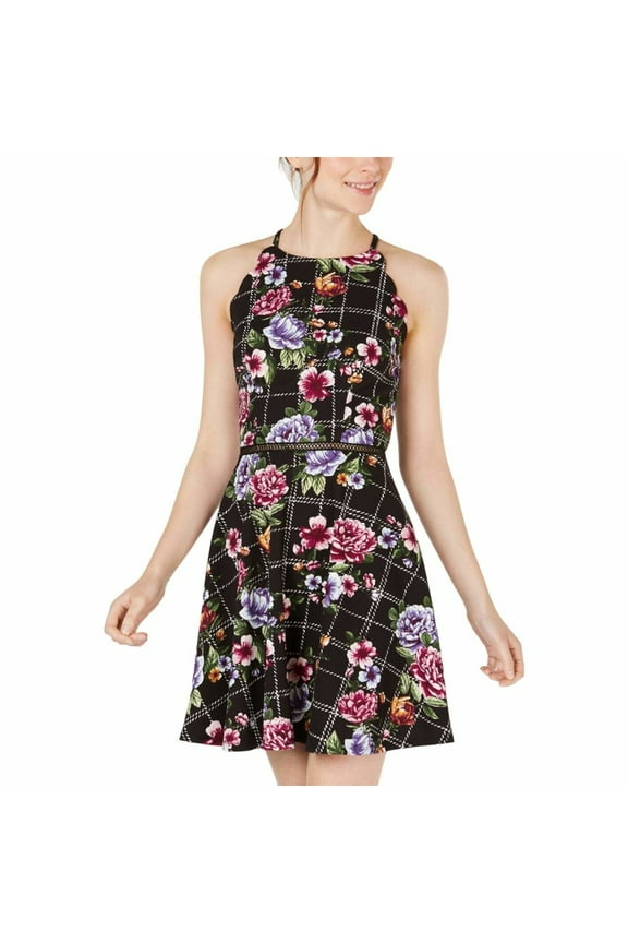 DRESS Womens Black Floral Sleeveless Jewel Neck Above The Knee Fit + Flare Dress 13