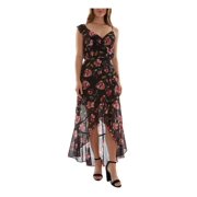 BCX DRESS Womens Black Sheer Textured Lined Faux Wrap Style Pull Over Floral Cap Sleeve Asymmetrical Neckline Maxi Party Fit + Flare Dress Juniors S