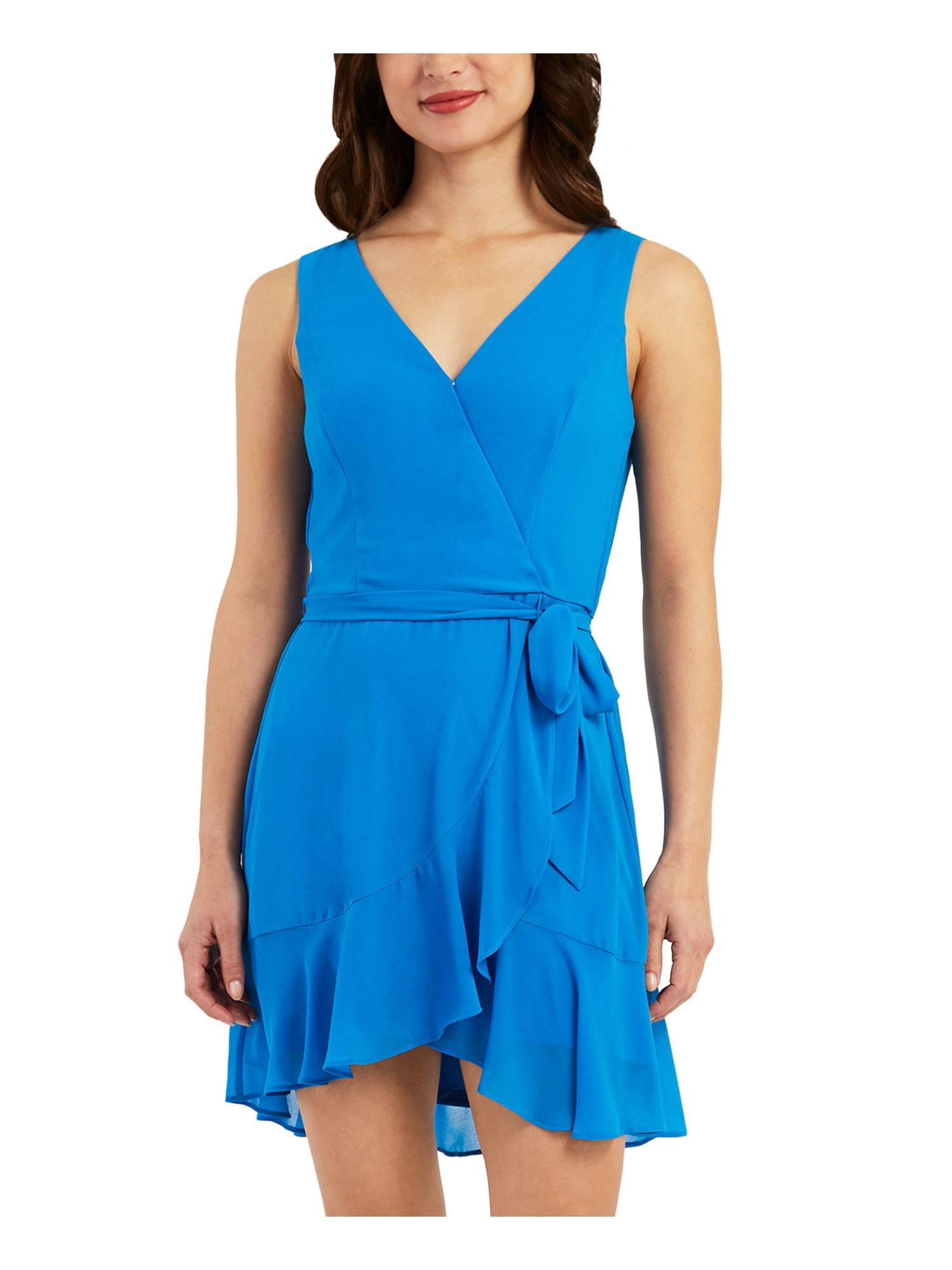 BCX DRESS Womens Blue Ruffled Sheer Line Tie Belt Pullover Sleeveless  Surplice Neckline Above The Knee A-Line Dress M - Walmart.com