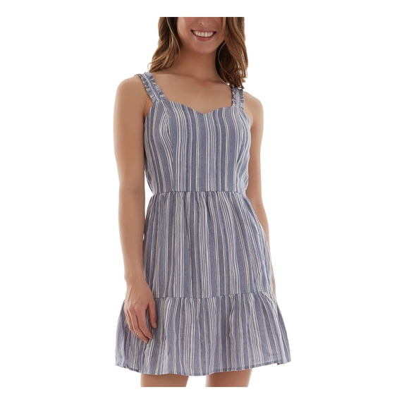 BCX DRESS Womens Light Blue Stretch Cut Out Tie Ruffled-hem Striped Sleeveless Sweetheart Neckline Short Fit + Flare Dress L