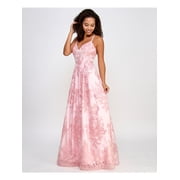 BCX DRESS Womens Pink Adjustable Sequined Embroidered Lined Lace Zippered Spaghetti Strap V Neck Full-Length Formal Fit + Flare Dress Juniors 3