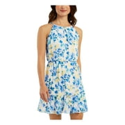 BCX DRESS Womens White Ruffled Sheer Lined Keyhole Back Pullover Floral Sleeveless Round Neck Above The Knee Fit + Flare Dress S