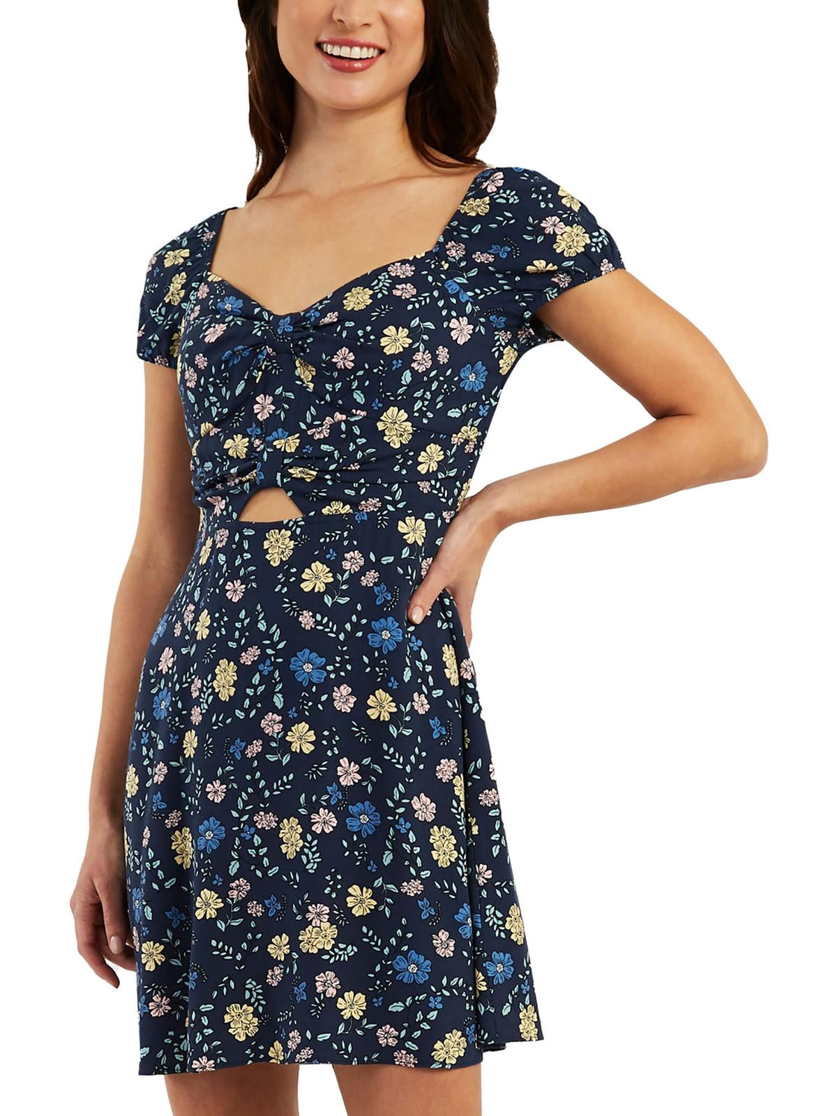 BCX Girl Womens Juniors Floral Print Cutout Fit & Flare Dress - Walmart.com