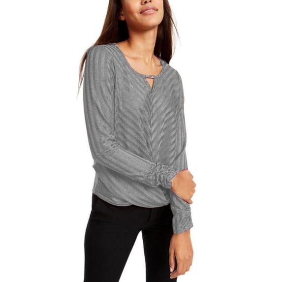 BCX Junior's Rhinestone Neckline Striped Top Gray Silver Size Large