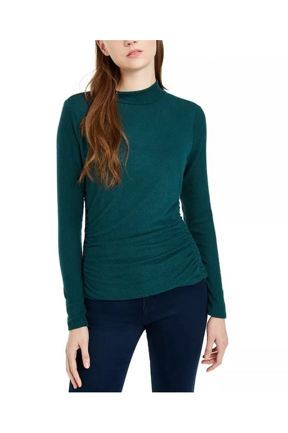 Junior's Textured Side Ruched Mock Neck Sweater Green Size Large