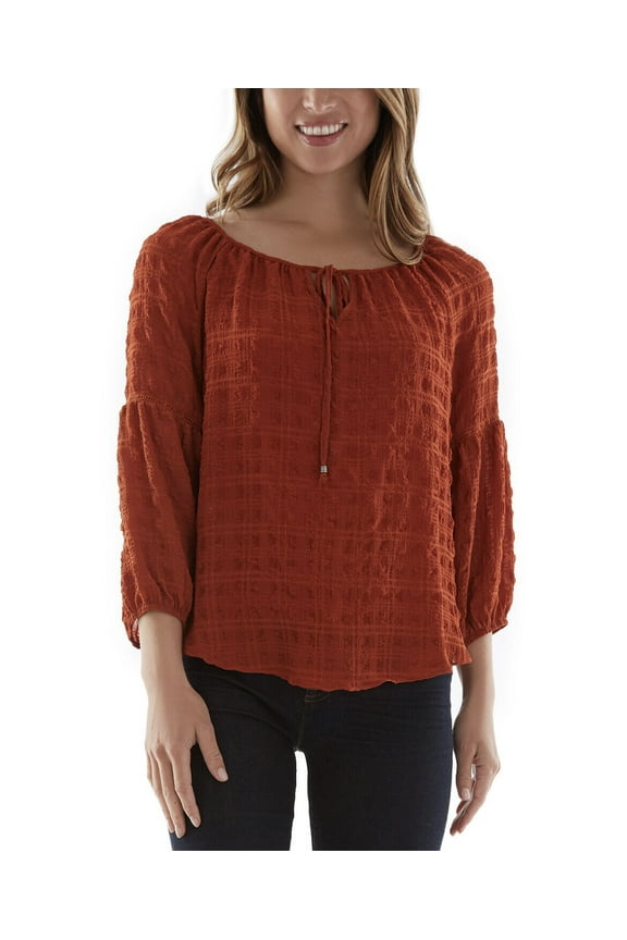 Juniors' 3/4-Sleeves Plaid Peasant Blouse Round Neckline Paprika Size M