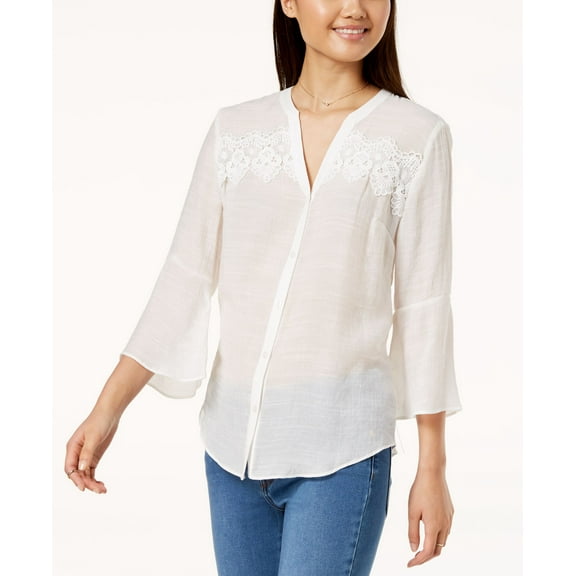 BCX Juniors' Bell-Sleeve Button-Up Shirt (Off White, XXS)