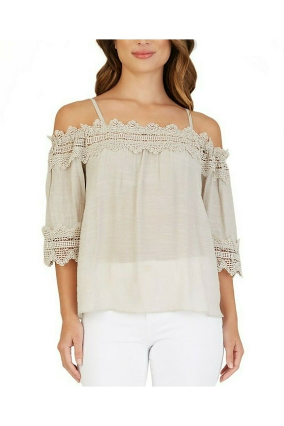 Juniors' Crochet-Trimmed Off-The-Shoulder Top Sand Size XS